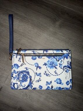 Anne Klein Blue and Cream Floral Wristlet Pouch